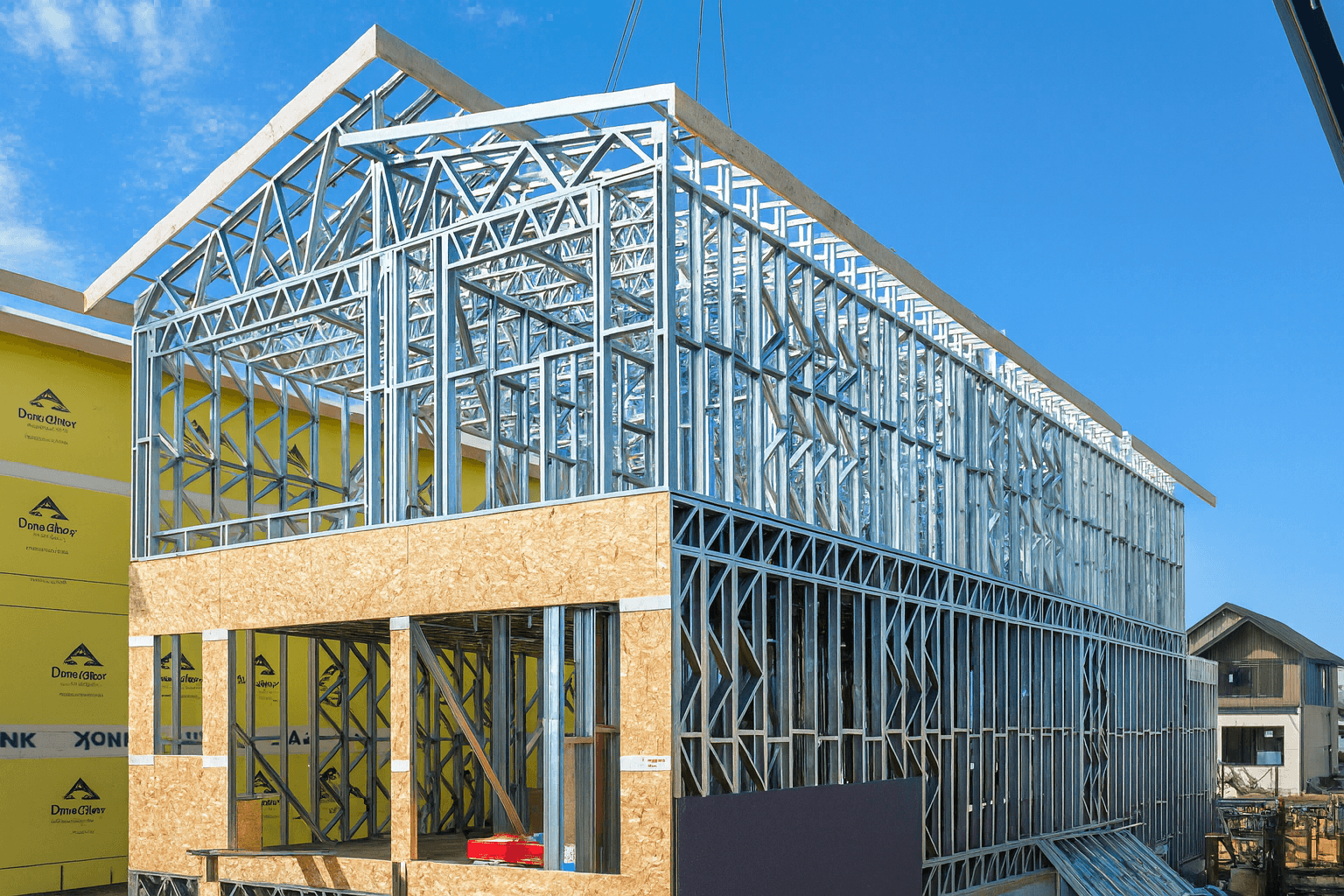 Steel-frame construction site with Plycem subfloor installation